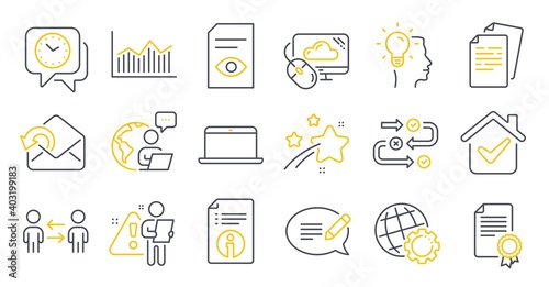 Set of Education icons, such as Technical info, View document, Laptop symbols. Clock, Teamwork business, Cloud computing signs. Money diagram, Message, Certificate. Documents, Send mail. Vector