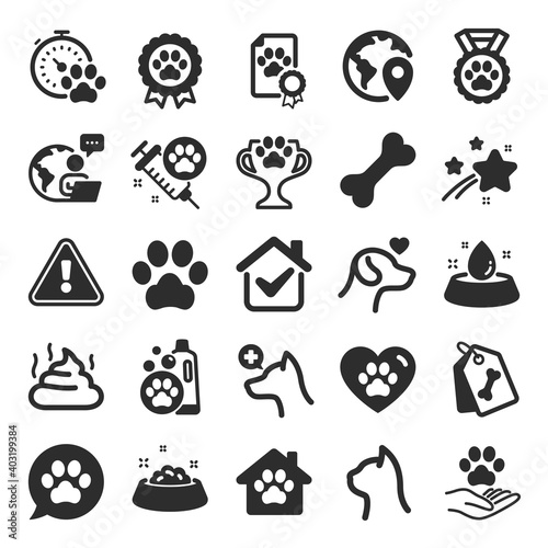 Pets icons. Veterinary, dog care and cat food. Lovely animals, shampoo for pets and doghouse icons. Vaccine, pet care and dog paw. Winner cup, certificate and medal. Animal feces. Vector