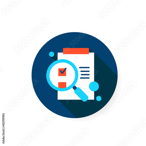 Idea evaluation flat icon. Paper on clipboard under magnifying glass sign. Research stage of creative process, data check and idea evaluation concept. Color vector web illustration with shadow