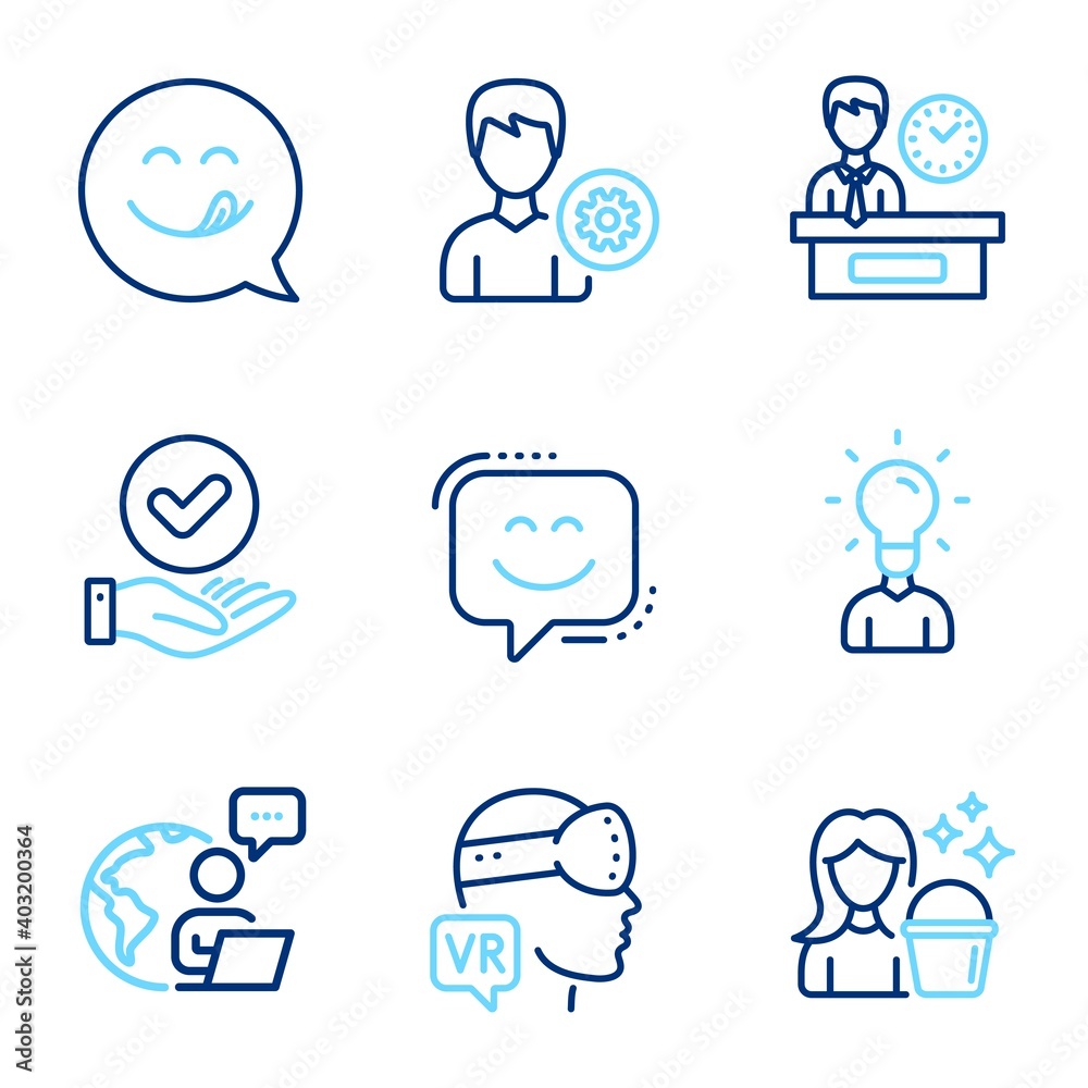 People icons set. Included icon as Approved checkbox, Yummy smile, Support signs. Presentation time, Augmented reality, Cleaning symbols. Smile face, Education line icons. Line icons set. Vector People icons set. Included icon as Approved checkbox, Yummy smile, Support signs. Presentation time, Augmented reality, Cleaning symbols. Smile face, Education line icons. Line icons set. Vector