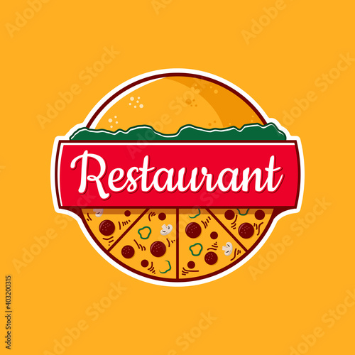 Pizza and burger logo emblem vector design illustration in red, yellow, and green colors