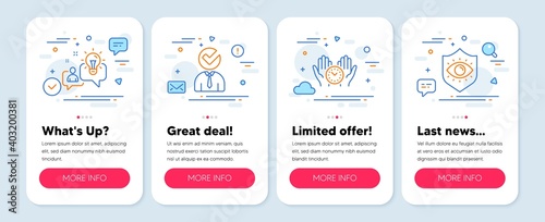 Set of People icons, such as Idea, Safe time, Vacancy symbols. Mobile screen banners. Eye protection line icons. Solution, Management, Businessman concept. Optometry. Idea icons. Vector
