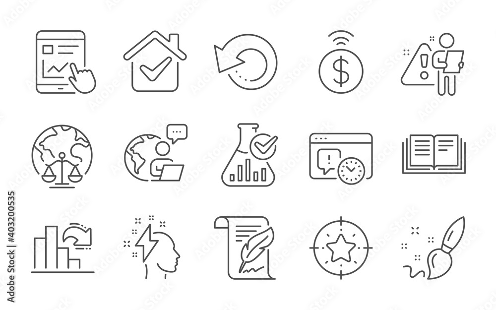 Fototapeta premium Decreasing graph, Project deadline and Education line icons set. Recovery data, Magistrates court and Paint brush signs. Star target, Feather and Contactless payment symbols. Line icons set. Vector