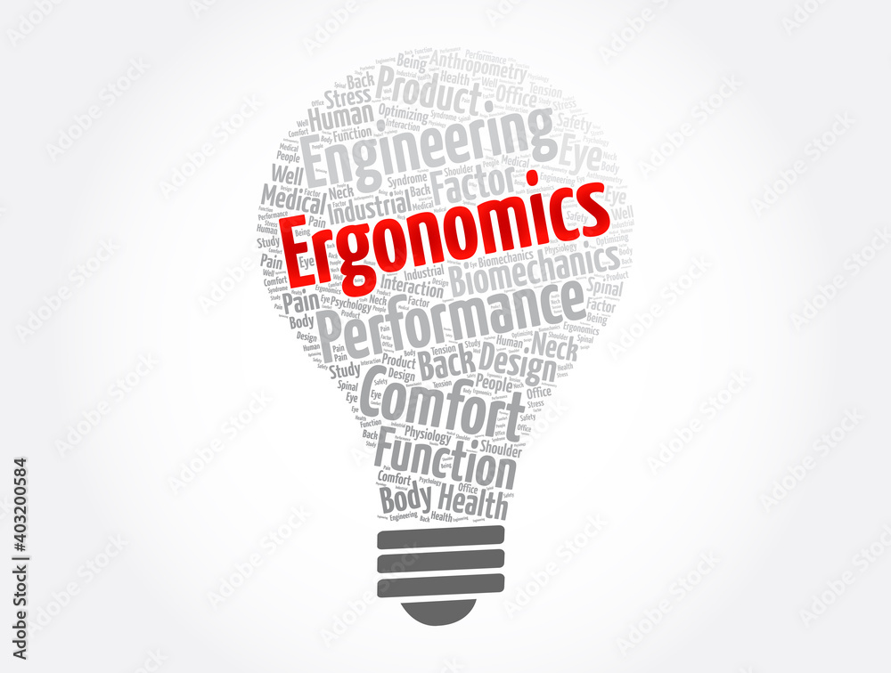 Ergonomics light bulb word cloud collage, concept background Ergonomics light bulb word cloud collage, concept background