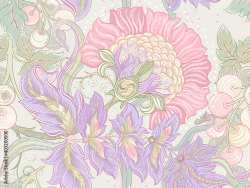 Seamless pattern with stylized ornamental flowers in retro  vintage style. Jacobin embroidery. Colored vector illustration isolated on white background.