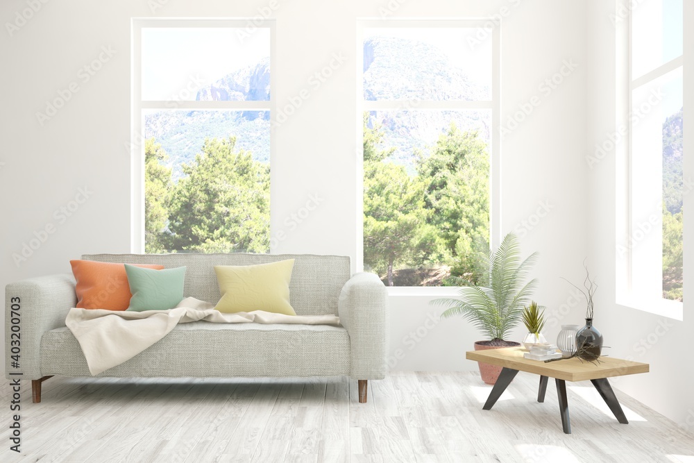Plakat White living room with sofa and summer landscape in window. Scandinavian interior design. 3D illustration