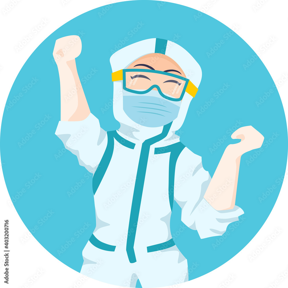 Close up Expressive Nurse Character Illustration wearing ppe hazmat suit jumping and happy to say get well soon for patient motivation in isolation