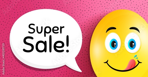 Super Sale. Easter egg with yummy smile face. Special offer price sign. Advertising Discounts symbol. Easter smile character. Super sale speech bubble. Yummy egg background. Vector