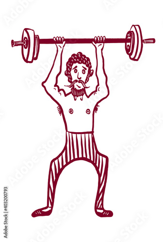 drawing picture of a man leading a healthy lifestyle, lifting a barbell, comic cartoon vector illustration, good for articles, icons and prints