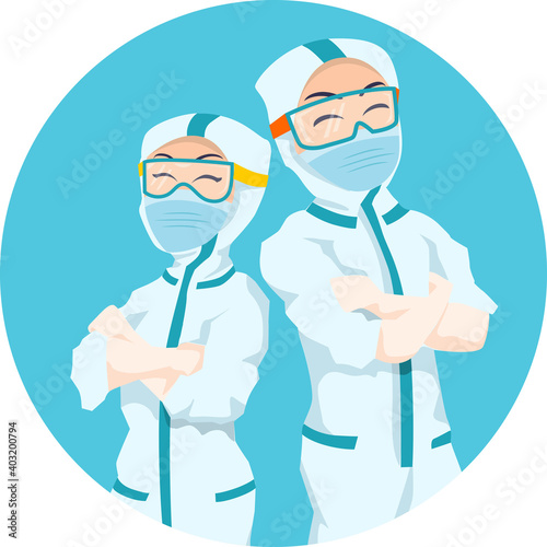 Close up Nurse and Doctor teamed up Character Illustration wearing ppe hazmat suit - folding hands assuring people their health avatar icon