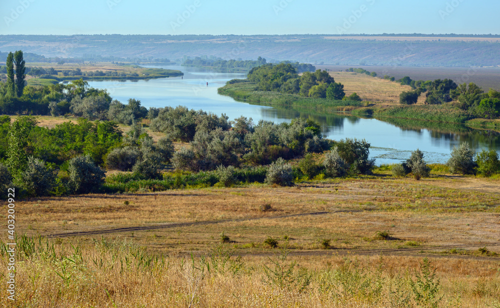 Summer countryside ladscape with Pivdennyi Buh river, Mykolaiv Region, Ukraine.