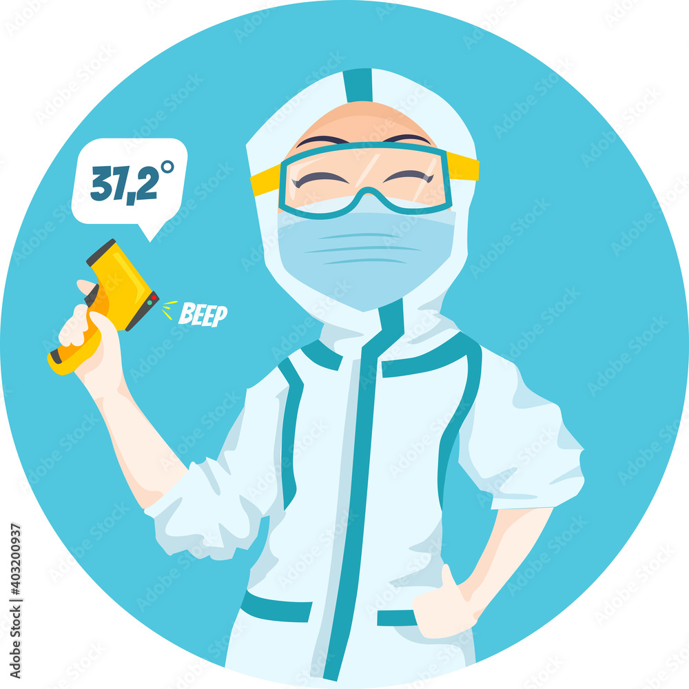 Close Up Nurse Character Illustration wearing ppe hazmat suit holding infrared thermal gun forehead temperature avatar icon Close Up Nurse Character Illustration wearing ppe hazmat suit holding infrared thermal gun forehead temperature avatar icon