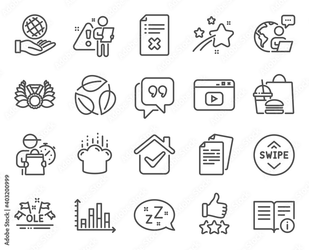Business icons set. Included icon as Laureate medal, Technical info, Swipe up signs. Safe planet, Quote bubble, Video content symbols. Sleep, Diagram graph, Leaves. Cooking hat, Documents. Vector