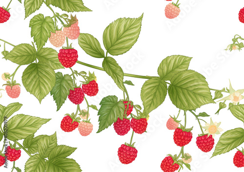 Raspberry. Ripe berries on branch. Seamless pattern, background. Graphic drawing, engraving style. Vector illustration