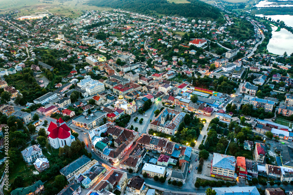 Aerial evening city of Berezhany