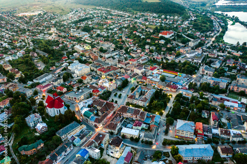 Aerial evening city of Berezhany