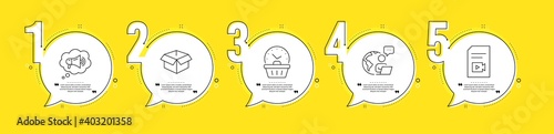 Megaphone, Last minute and Opened box line icons set. Timeline process infograph. Video file sign. Brand message, Opening hours, Shipping parcel. Vlog page. Business set. Vector