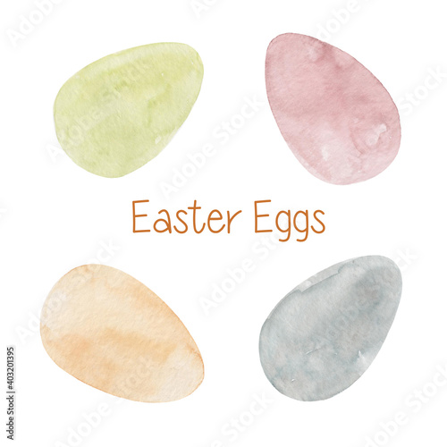 Set of hand drawn watercolor Easter colorful eggs in pastel colors isolated on white background. Festive food.