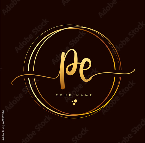 PE Initial handwriting logo golden color. Hand lettering Initials logo branding, Feminine and luxury logo design isolated on black background.