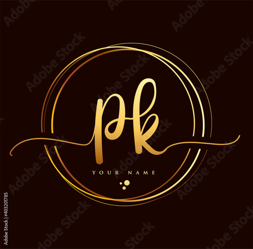 PK Initial handwriting logo golden color. Hand lettering Initials logo branding, Feminine and luxury logo design isolated on black background.