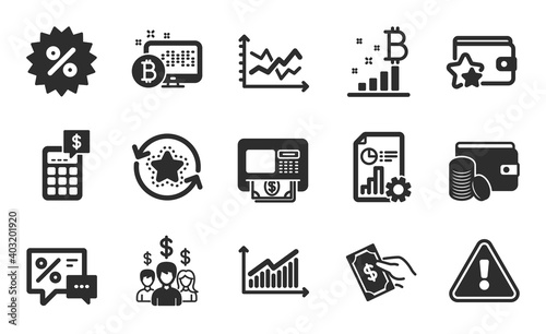 Loyalty program, Payment method and Graph icons simple set. Loyalty points, Diagram chart and Calculator signs. Pay money, Discount and Atm symbols. Discounts, Report and Salary employees. Vector