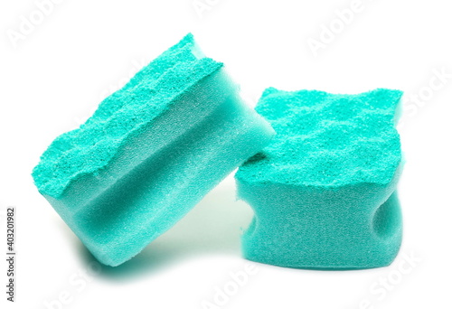 Blank light blue cleaning sponges isolated on white background