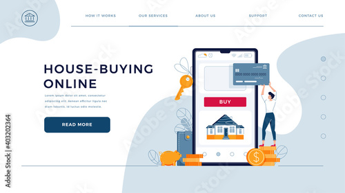 House-buying online homepage template. Man buys property, paying by credit card. mortgage, home purchase, house loan vector illustration for web design. Tiny people concept, modern flat cartoon style