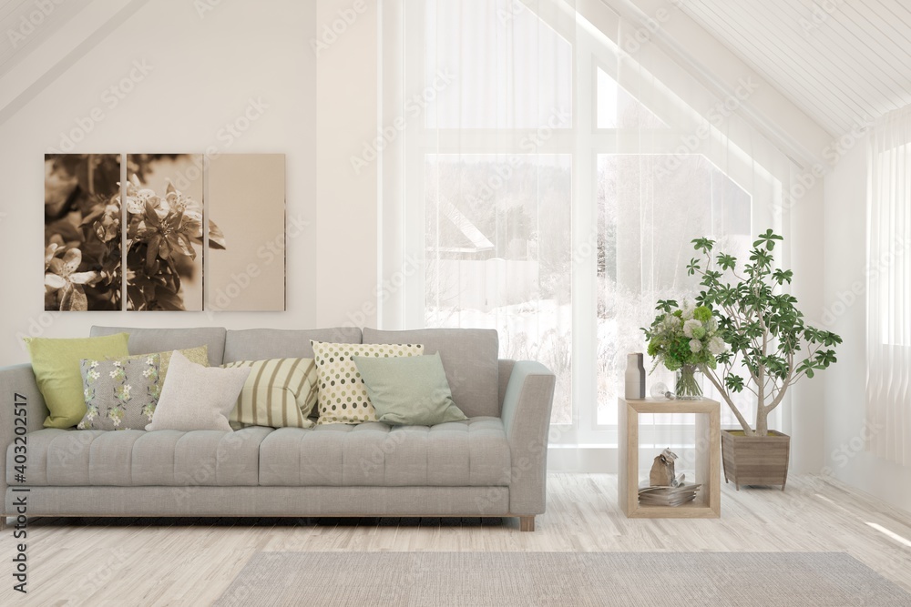 White living room with sofa. Scandinavian interior design. 3D illustration White living room with sofa. Scandinavian interior design. 3D illustration
