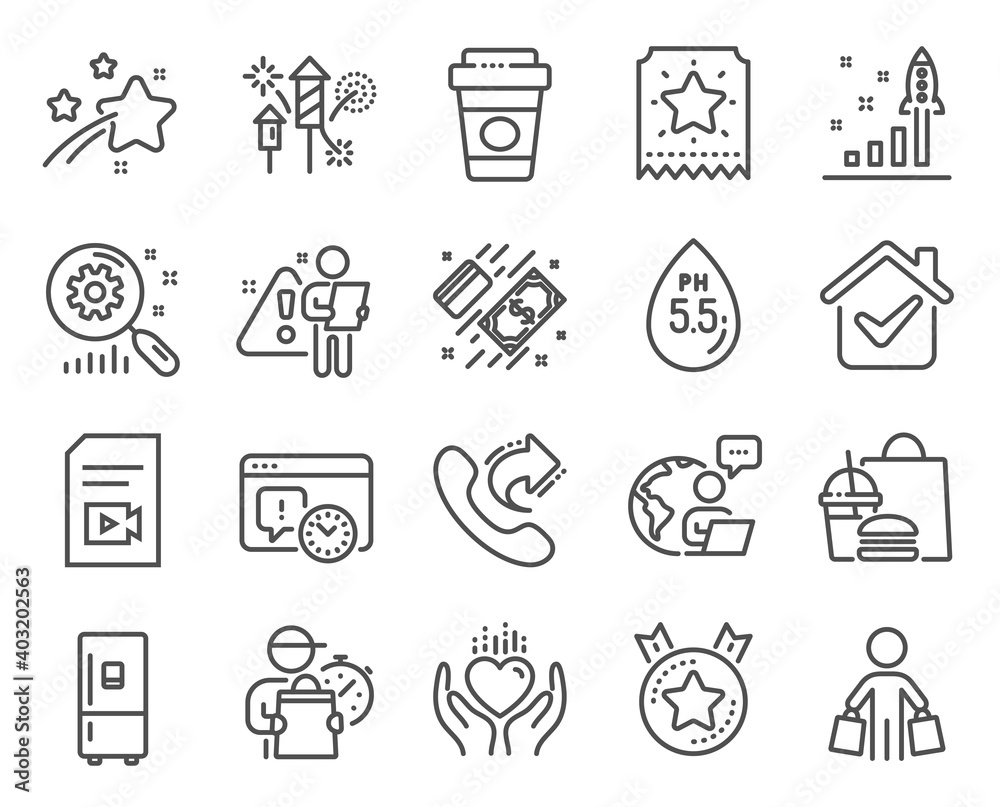 Business icons set. Included icon as Video file, Ph neutral, Buyer signs. Takeaway coffee, Payment, Refrigerator symbols. Development plan, Hold heart, Fireworks rocket. Ranking star. Vector Business icons set. Included icon as Video file, Ph neutral, Buyer signs. Takeaway coffee, Payment, Refrigerator symbols. Development plan, Hold heart, Fireworks rocket. Ranking star. Vector