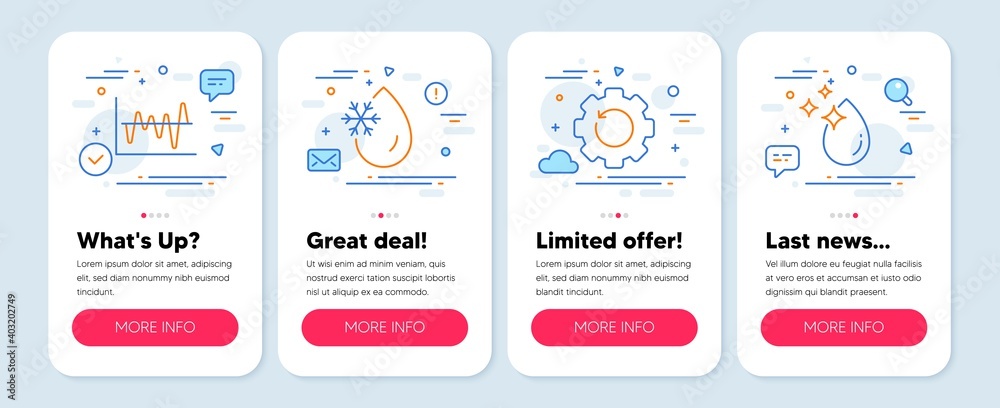 Set of Science icons, such as Recovery gear, Stock analysis, Freezing water symbols. Mobile app mockup banners. Water drop line icons. Backup info, Business trade, Freeze temperature. Vector Set of Science icons, such as Recovery gear, Stock analysis, Freezing water symbols. Mobile app mockup banners. Water drop line icons. Backup info, Business trade, Freeze temperature. Vector