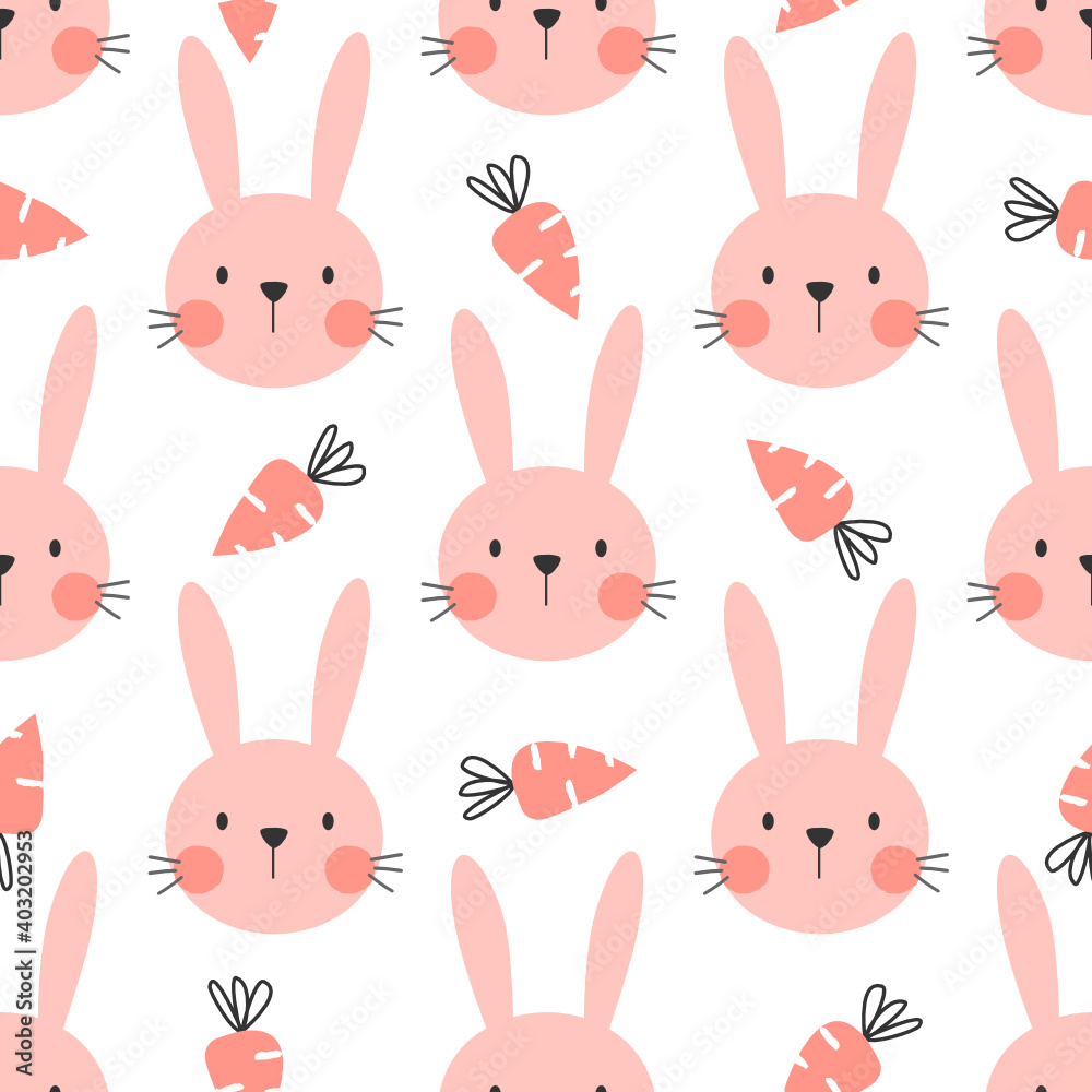 Seamless pattern with rabbit head and hand drawn carrots on white background vector illustration. Cute cartoon character. Seamless pattern with rabbit head and hand drawn carrots on white background vector illustration. Cute cartoon character.