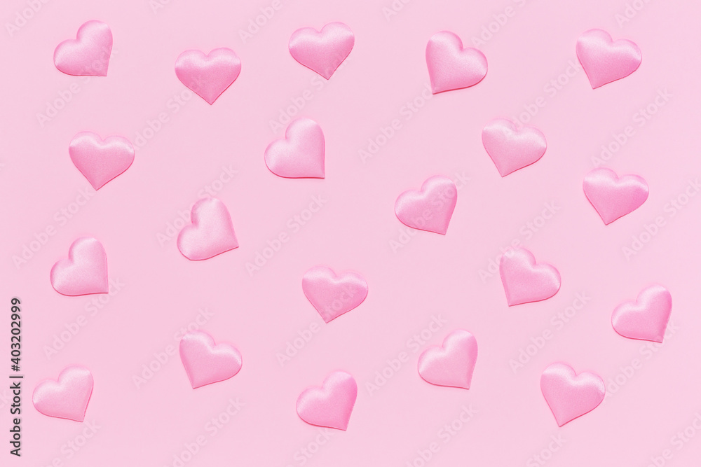 Pattern of pink romantic hearts. Valentine's day texture. Love concept. Top view. Copy space