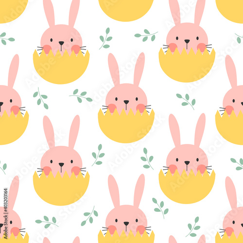 Seamless pattern with Easter bunny with eggshell on white background vector illustration.