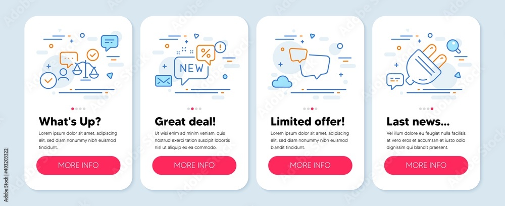 Set of Business icons, such as Speech bubble, New, Lawyer symbols. Mobile app mockup banners. Electric plug line icons. Chat message, Discount, Court judge. Energy. Speech bubble icons. Vector