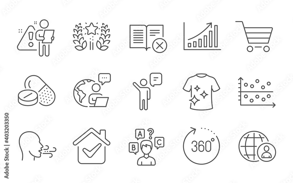 Graph chart, Agent and Clean t-shirt line icons set. 360 degrees, Reject book and International recruitment signs. Quiz test, Breathing exercise and Medical drugs symbols. Line icons set. Vector Graph chart, Agent and Clean t-shirt line icons set. 360 degrees, Reject book and International recruitment signs. Quiz test, Breathing exercise and Medical drugs symbols. Line icons set. Vector