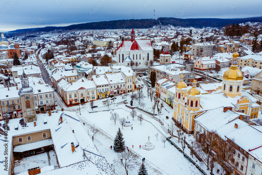 Aerial Winter Berezhany city Ukraine 