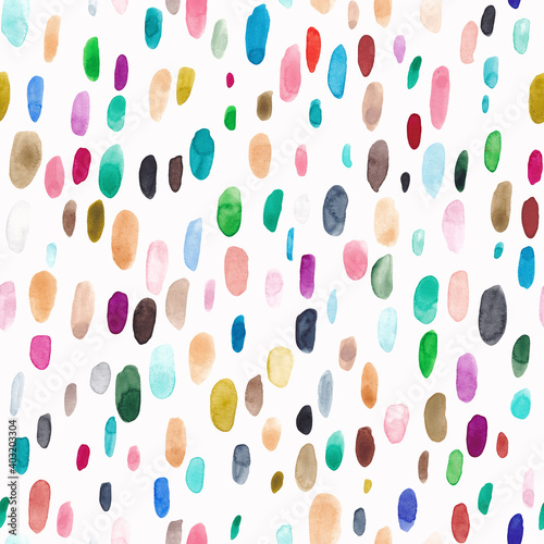 Seamless pattern of colored spots. Perfect for fabric, textile, wallpaper. Watercolor illustration.