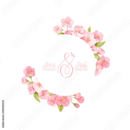Floral wreath with realistic cherry flowers, exotic sakura blossom. Vector spring banner template illustration