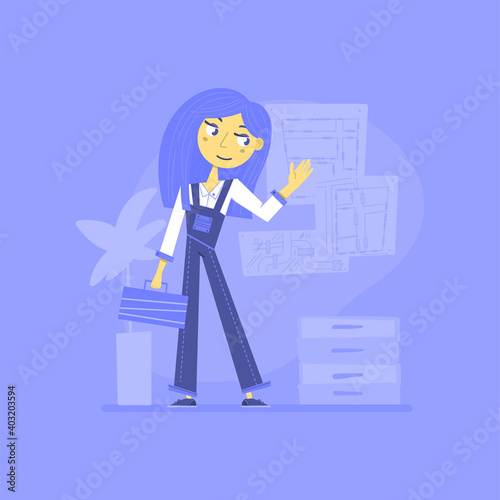 Young builder girl. Vector illustration.
