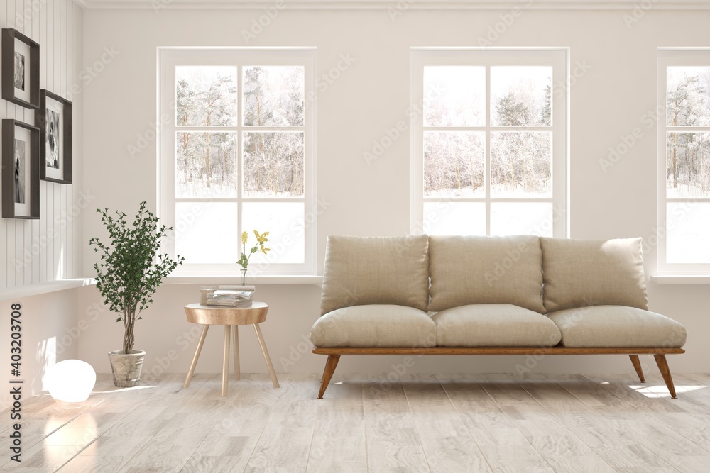 White living room with sofa and winter landscape in window. Scandinavian interior design. 3D illustration