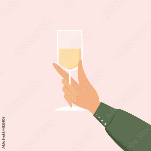 Woman hand holding glass with sparkling wine, prosecco or champagne. Vector illustration