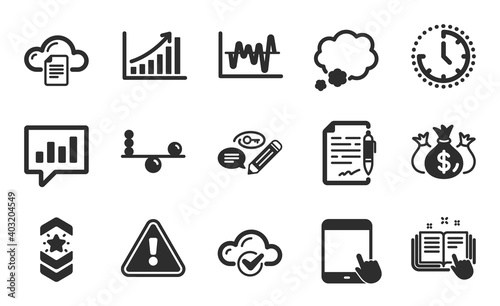 Tablet pc, Check investment and Technical documentation icons simple set. Time, Graph chart and Stock analysis signs. Balance, Analytical chat and Keywords symbols. Flat icons set. Vector