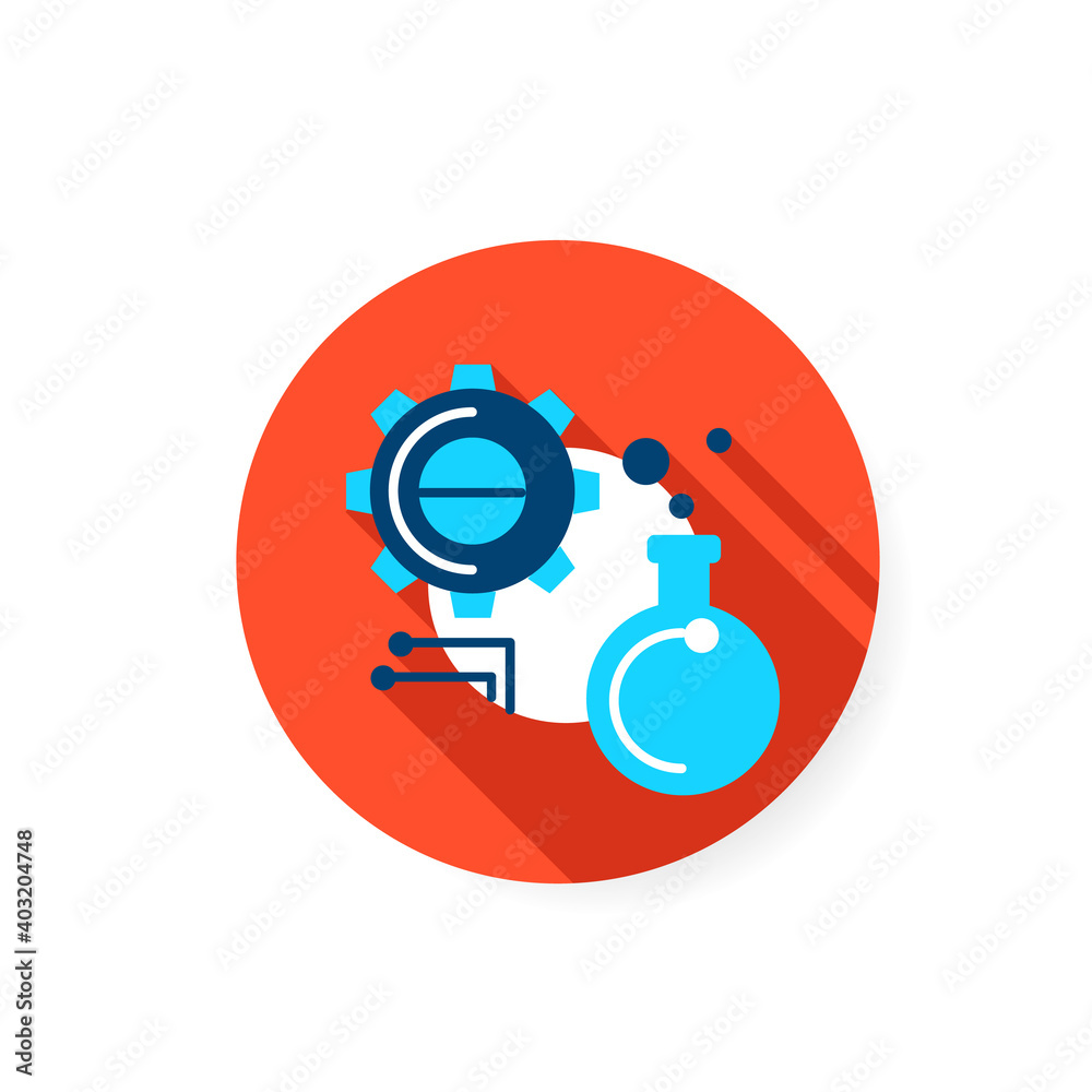 Experiment flat icon. Glass bulb with gear and information link sign. Creative idea test, scientific research and product evaluation concept. Color vector illustration with shadow Experiment flat icon. Glass bulb with gear and information link sign. Creative idea test, scientific research and product evaluation concept. Color vector illustration with shadow