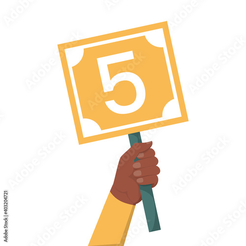 Hand holding scorecard with number 5 vector isolated. Jury showing result. Judge showing sign with a score.