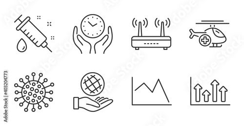 Medical syringe, Safe planet and Upper arrows line icons set. Wifi, Medical helicopter and Coronavirus signs. Line chart, Safe time symbols. Vaccination, Ecology, Growth infochart. Vector
