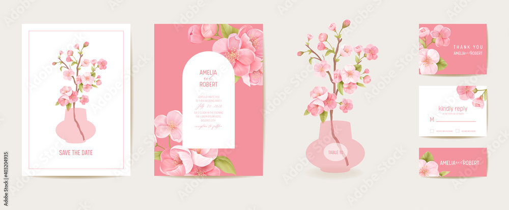 Sakura invitation vector card. Wedding cherry botanical Save the Date set. Design template of flowers and leaves