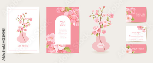 Sakura invitation vector card. Wedding cherry botanical Save the Date set. Design template of flowers and leaves