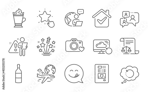 International flight, Latte coffee and Support chat line icons set. Ranking star, Recovery data and Fireworks stars signs. Photo camera, Yummy smile and Coffee vending symbols. Line icons set. Vector