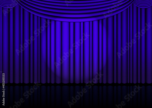 Realistic Opera stage indoor with a blue curtain and Spotlight for comedy show or opera act movie. Vector illustration.