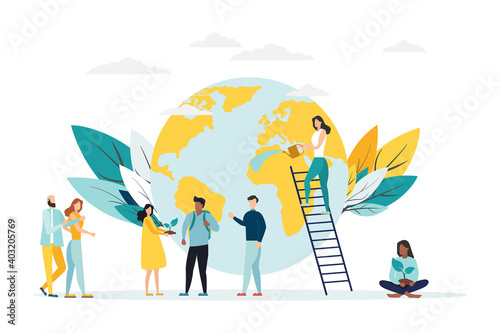 Vector flat style concept for environment protection and ecology. People silhouettes in different poses around planet Earth. Minimalism design with exaggerated objects. Floral elements at background.